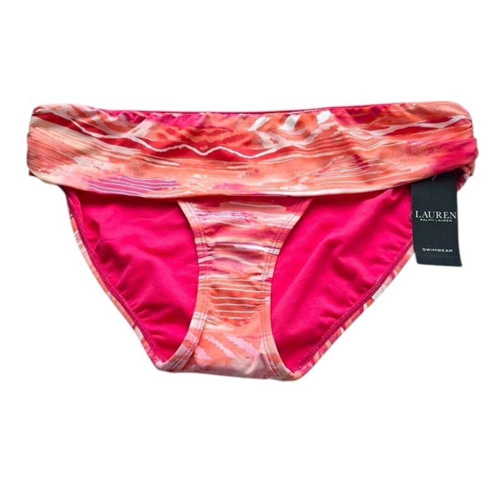 Lauren Ralph Lauren Bikini Bottom 8 Coral Abstract Foldover Waist Resort Swim